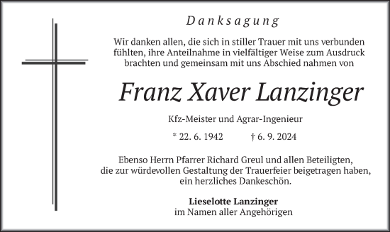 Traueranzeige von Franz Xaver Lanzinger von merkurtz