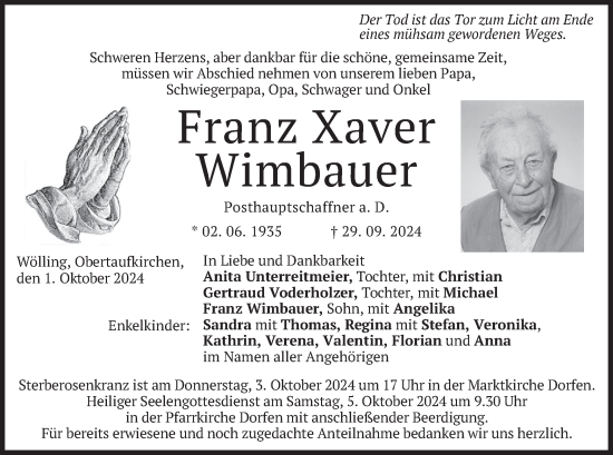 Traueranzeige von Franz Xaver Wimbauer von merkurtz