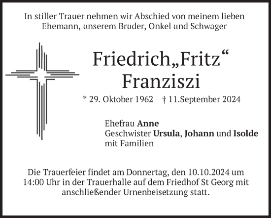 Traueranzeige von Friedrich Franziszi von merkurtz