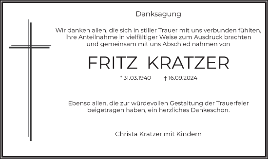 Traueranzeige von Fritz Kratzer von merkurtz