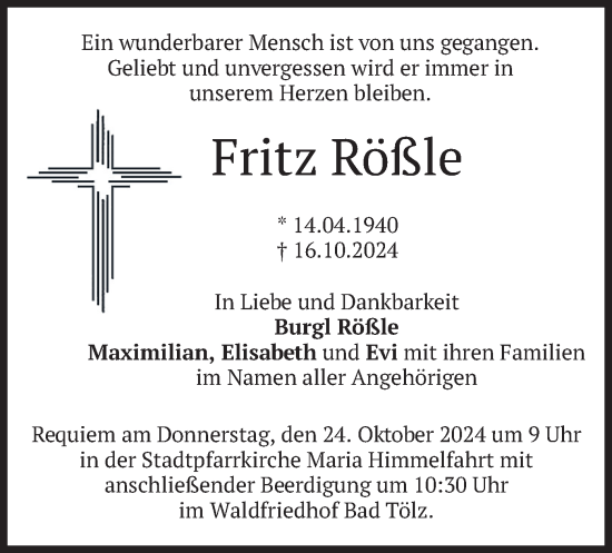 Traueranzeige von Fritz Rößle von merkurtz