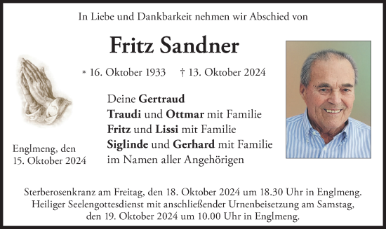 Traueranzeige von Fritz Sandner von merkurtz