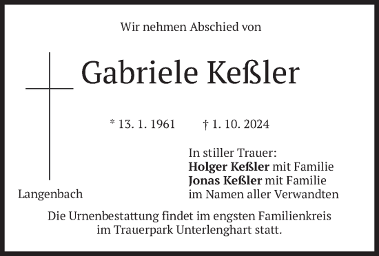 Traueranzeige von Gabriele Keßler von merkurtz