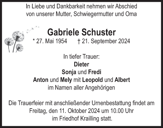 Traueranzeige von Gabriele Schuster von merkurtz
