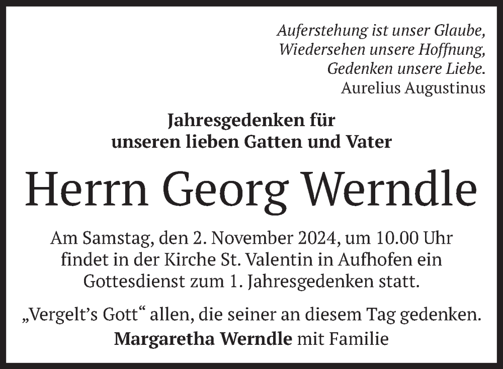  Traueranzeige für Georg Werndle vom 26.10.2024 aus merkurtz