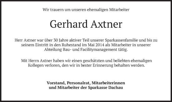 Traueranzeige von Gerhard Axtner von merkurtz