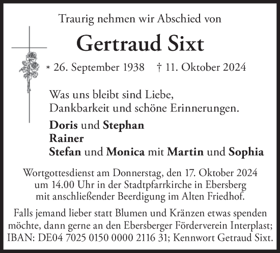 Traueranzeige von Gertraud Sixt von merkurtz