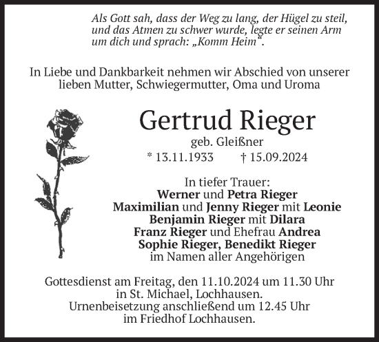 Traueranzeige von Gertrud Rieger von merkurtz