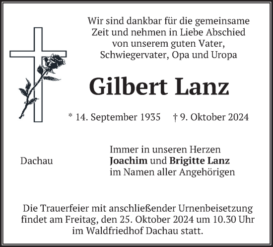 Traueranzeige von Gilbert Lanz von merkurtz