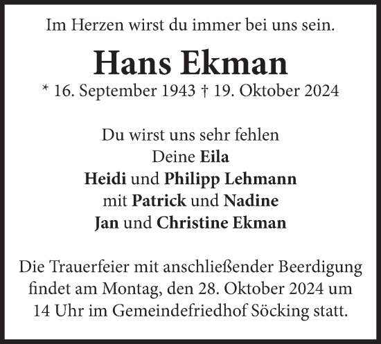 Traueranzeige von Hans Ekman von merkurtz