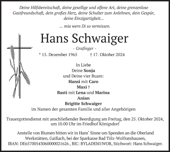 Traueranzeige von Hans Schwaiger von merkurtz