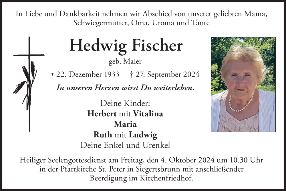 Traueranzeige für Hedwig Fischer vom 01.10.2024 aus merkurtz
