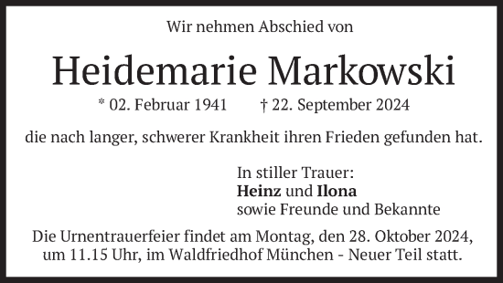 Traueranzeige von Heidemarie Markowski von merkurtz