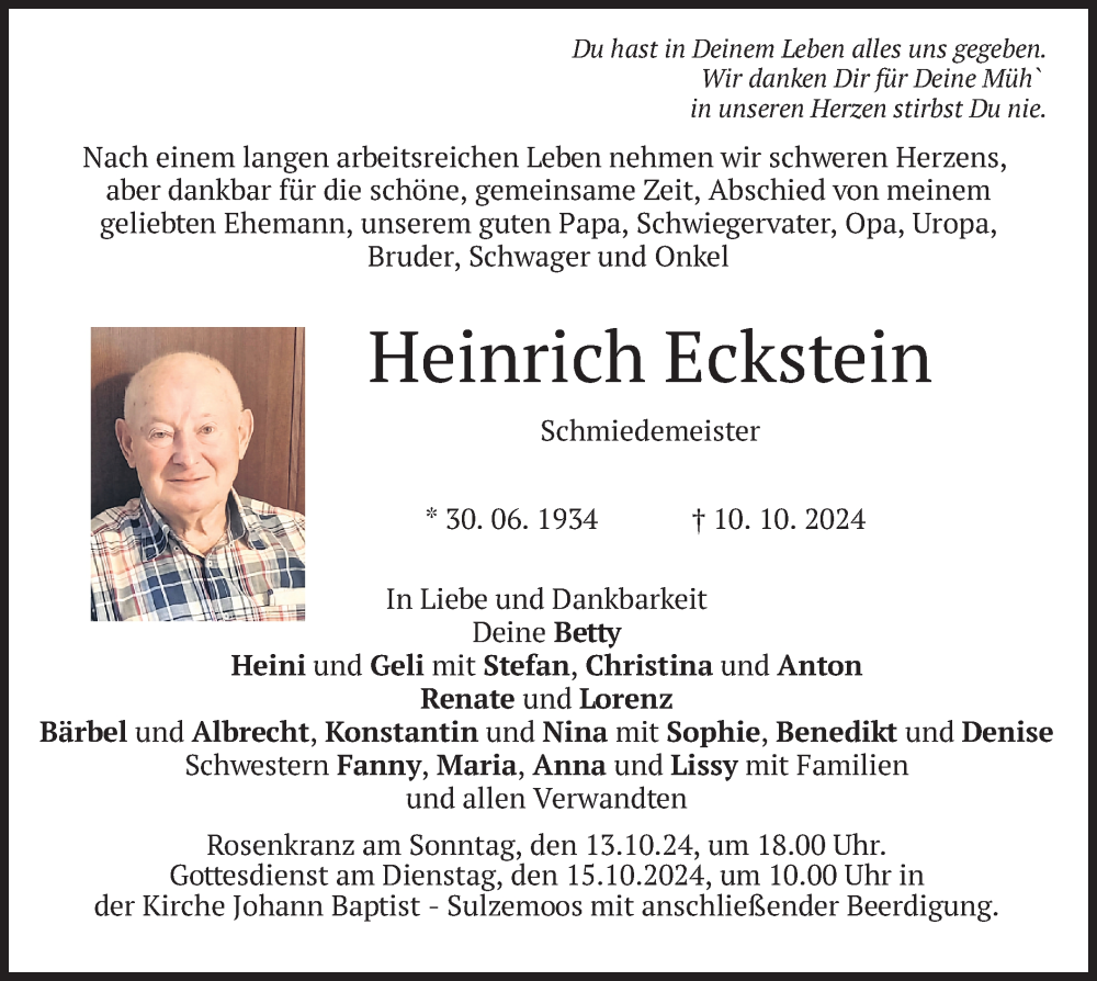  Traueranzeige für Heinrich Eckstein vom 12.10.2024 aus merkurtz