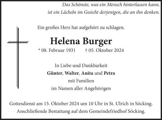 Traueranzeige von Helena Burger von merkurtz