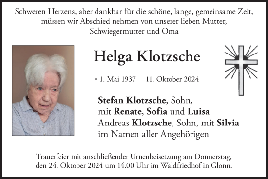 Traueranzeige von Helga Klotzsche von merkurtz