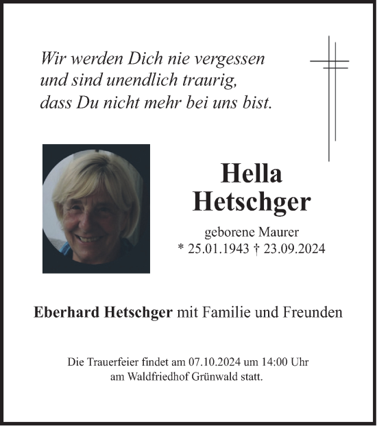 Traueranzeige von Hella Hetschger von merkurtz