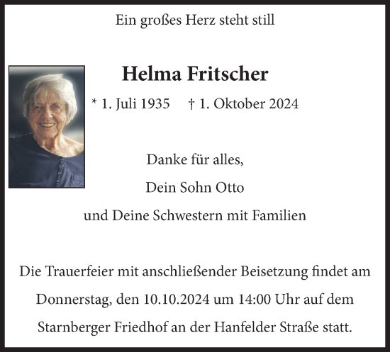 Traueranzeige von Helma Fritscher von merkurtz