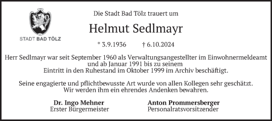 Traueranzeige von Helmut Sedlmayr von merkurtz