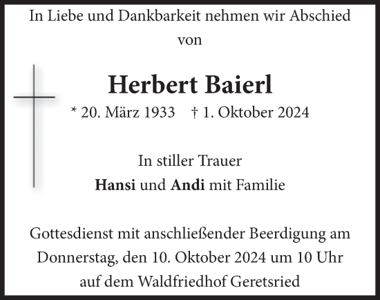 Traueranzeige von Herbert Baierl von merkurtz