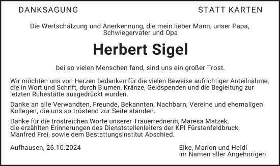 Traueranzeige von Herbert Sigel von merkurtz