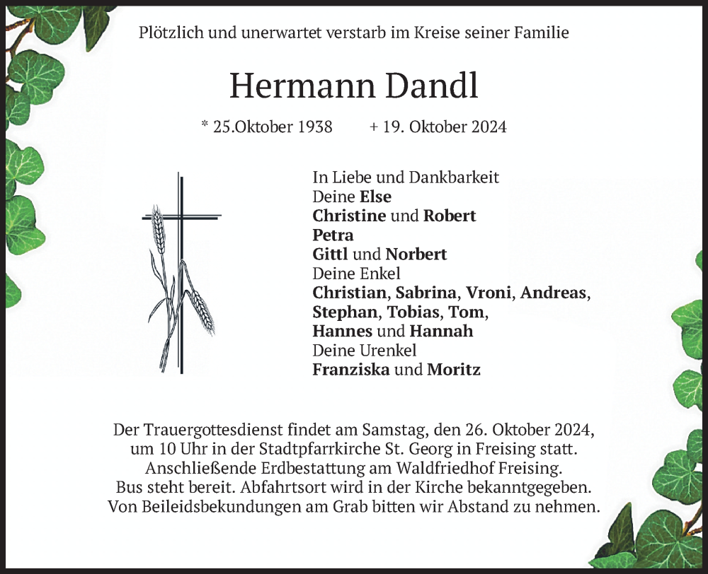  Traueranzeige für Hermann Dandl vom 23.10.2024 aus merkurtz