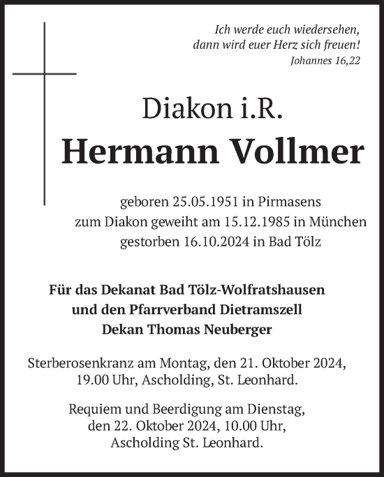 Traueranzeige von Hermann Vollmer von merkurtz