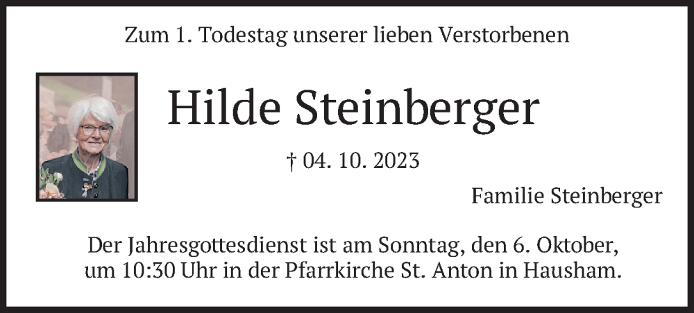  Traueranzeige für Hilde Steinberger vom 04.10.2024 aus merkurtz