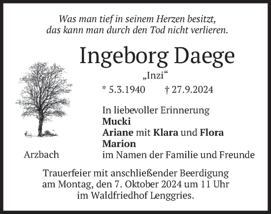 Traueranzeige von Ingeborg Daege von merkurtz