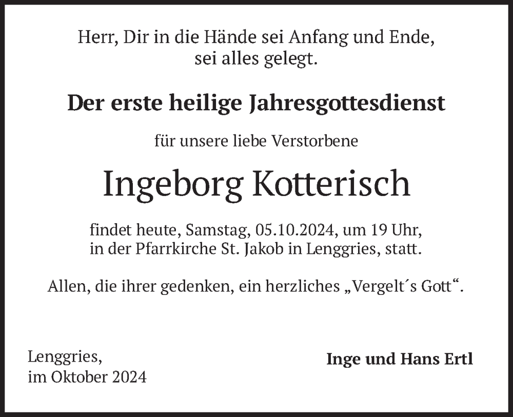  Traueranzeige für Ingeborg Kotterisch vom 05.10.2024 aus merkurtz