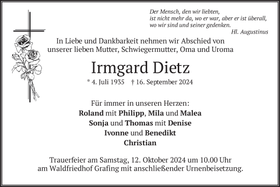 Traueranzeige von Irmgard Dietz von merkurtz