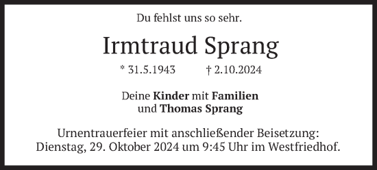 Traueranzeige von Irmtraud Sprang von merkurtz