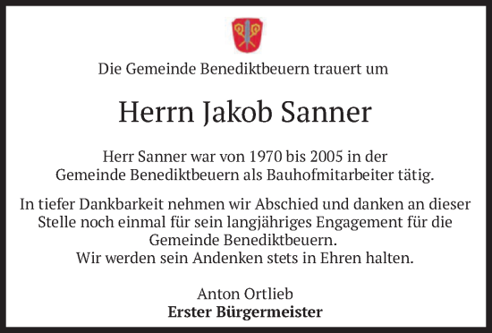 Traueranzeige von Jakob Sanner von merkurtz