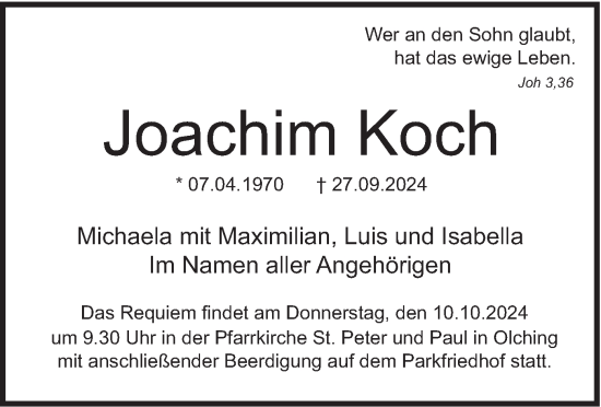 Traueranzeige von Joachim Koch von merkurtz