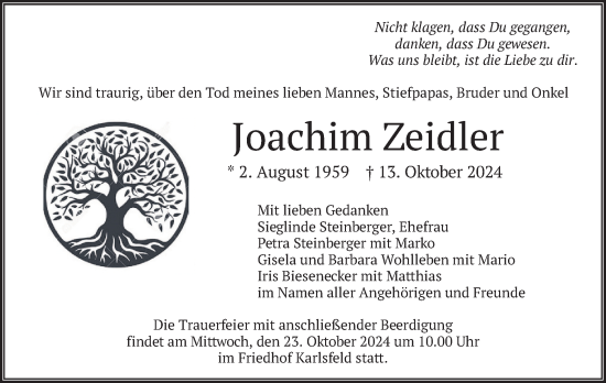 Traueranzeige von Joachim Zeidler von merkurtz