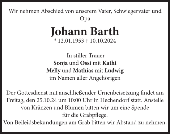 Traueranzeige von Johann Barth von merkurtz