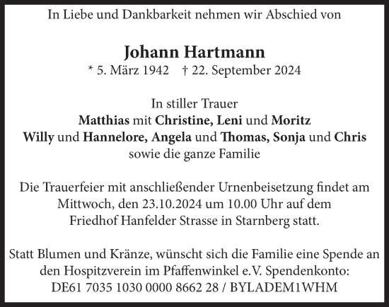 Traueranzeige von Johann Hartmann von merkurtz