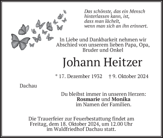 Traueranzeige von Johann Heitzer von merkurtz