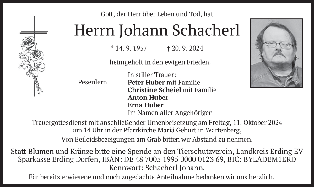  Traueranzeige für Johann Schacherl vom 08.10.2024 aus merkurtz