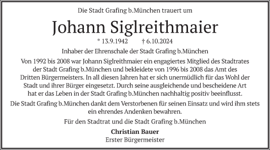 Traueranzeige von Johann Siglreithmaier von merkurtz