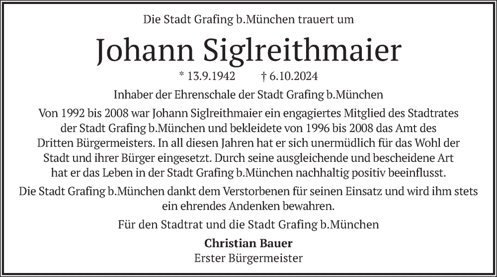  Traueranzeige für Johann Siglreithmaier vom 10.10.2024 aus merkurtz