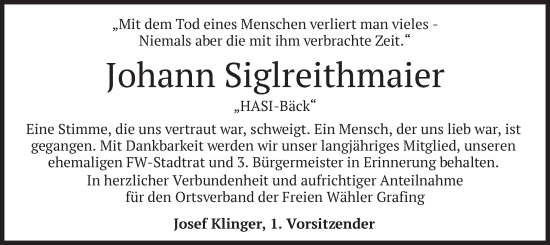 Traueranzeige von Johann Siglreithmaier von merkurtz