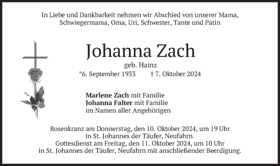 Traueranzeige von Johanna Zach von merkurtz