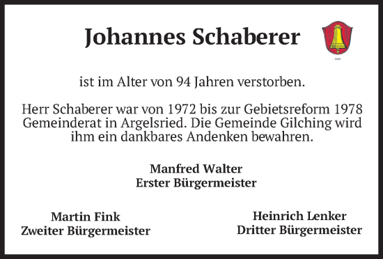 Traueranzeige von Johannes Schaberer von merkurtz