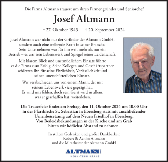 Traueranzeige von Josef Altmann von merkurtz