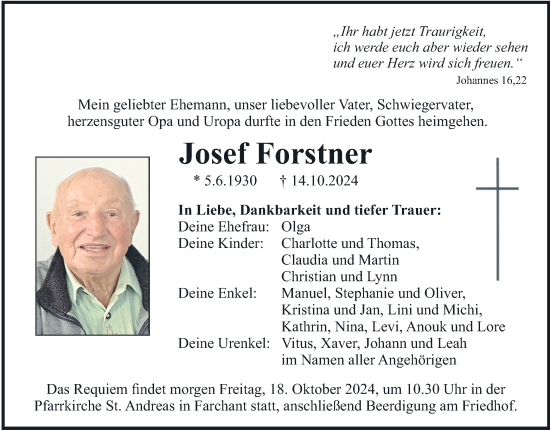 Traueranzeige von Josef Forstner von merkurtz