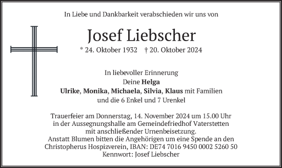 Traueranzeige von Josef Liebscher von merkurtz