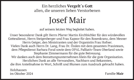 Traueranzeige von Josef Mair von merkurtz