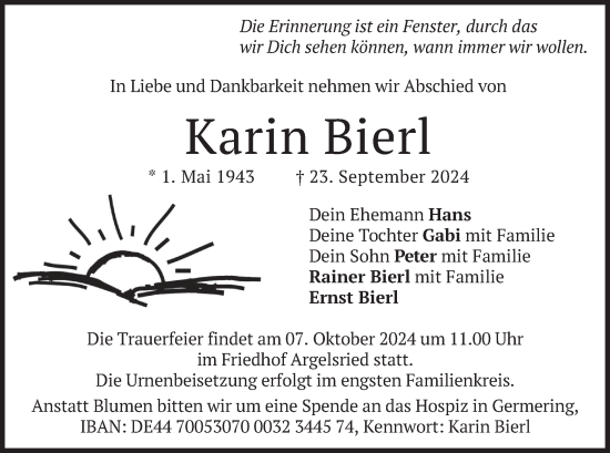 Traueranzeige von Karin Bierl von merkurtz