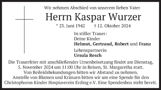 Traueranzeige von Kaspar Wurzer von merkurtz